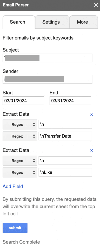 Xtractor sidebar configured with regex filters for Venmo emails