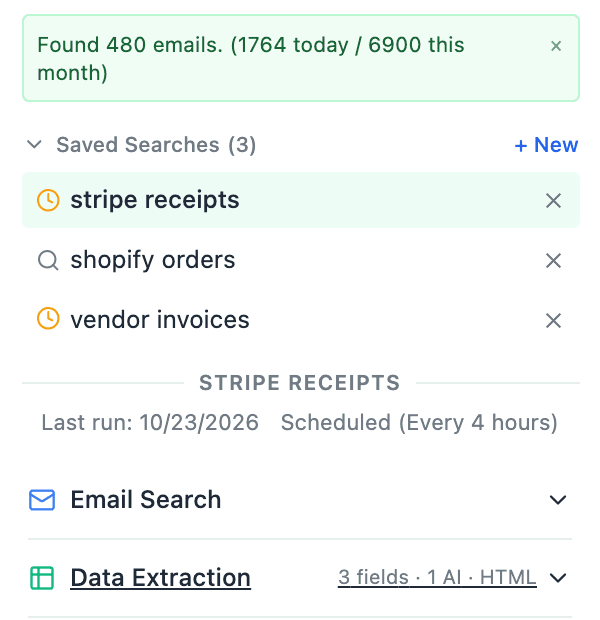 Xtractor sidebar reporting Found 480 emails after a run