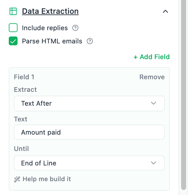 Data Extraction section of the Xtractor sidebar with a Text After rule for Amount paid