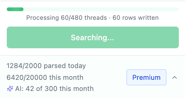 Xtractor sidebar processing 60 of 480 threads with rows written to the sheet