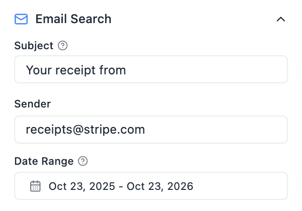 Email Search section of the Xtractor sidebar with subject, sender and date range filled in