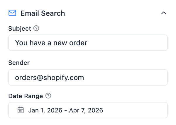 Xtractor sidebar showing email search filters